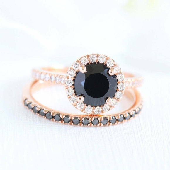 2.5ct Round Cut Black Diamond Engagement Ring Halo Bridal Set 14k Rose Gold Over