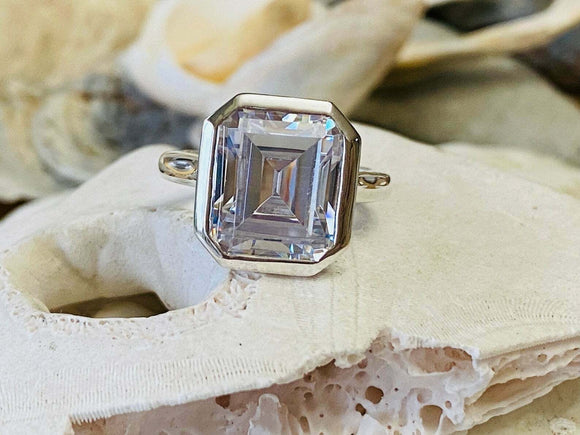 2.7ct Engagement Ring Emerald Cut Diamond Bezel Set Solitaire 14k WhiteGold Over