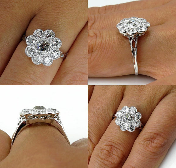 4Ct Round Cut Diamond Milgrain Floral Halo Engagement Ring 14K White Gold Finish