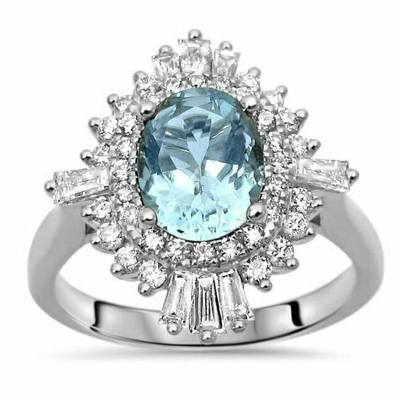 5Ct Oval Blue Aquamarine Diamond Ballerina Engagement Ring 14K White Gold Finish