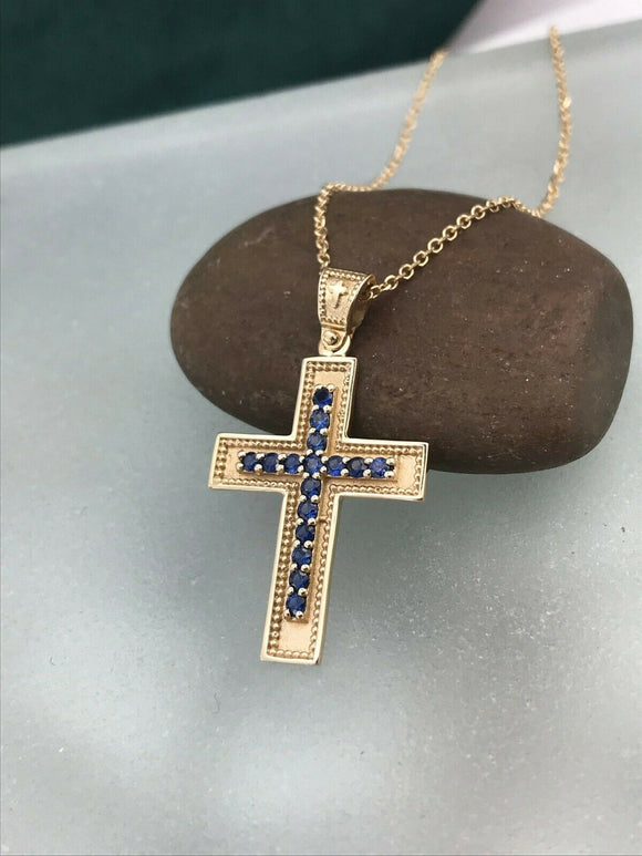 1ct Round Cut Blue Sapphire Pendant Chain Milgrain Cross 14k Yellow Gold Finish