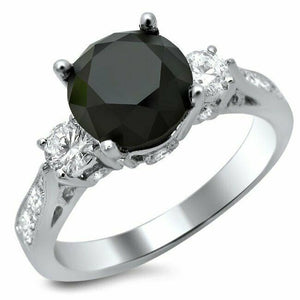 2Ct Round Cut Black Diamond Milgrain Accent Engagement Ring 14K White Gold Over