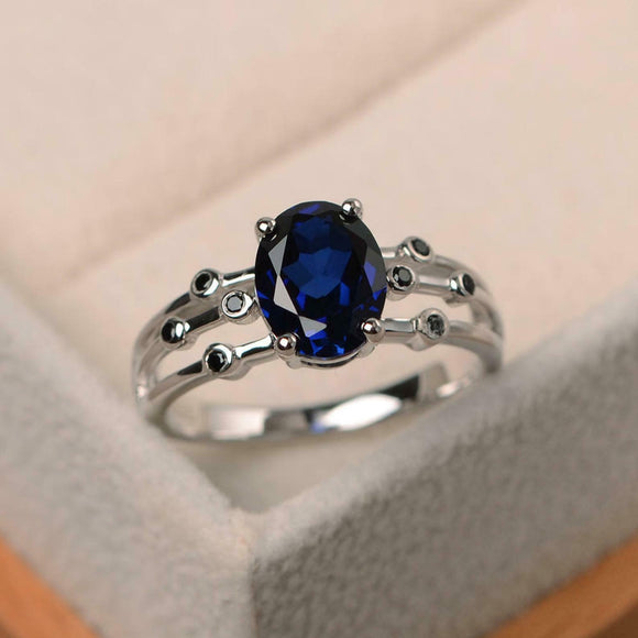 2ct Oval Cut Blue Sapphire Solitaire Split Band Accent Ring 14k WhiteGold Finish