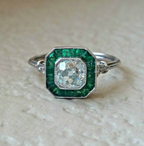 1.5ct Round Cut Diamond Emerald Art Deco Engagement Ring 14k White Gold Finish