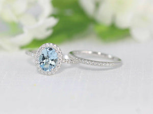 4Ct Oval Blue Aquamarine Bridal Set Diamond Halo Ring Band 14K White Gold Finish