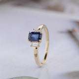 1.5ct Emerald Cut Blue Sapphire Engagement Ring Trilogy 14k Yellow Gold Finish