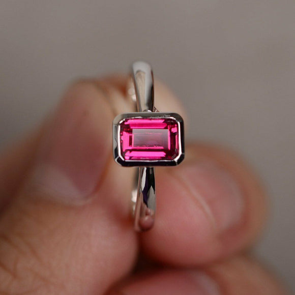 0.5ct Emerald Cut Pink Ruby Engagement Ring 14k WhiteGold Finish Bezel Solitaire