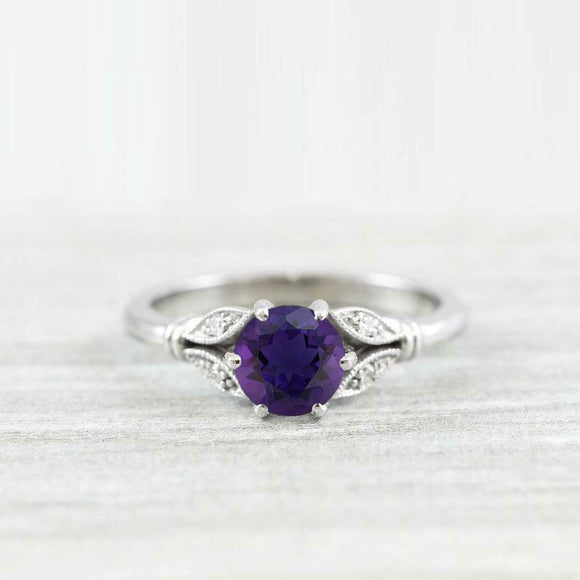 0.65ct Round Cut Purple Amethyst Floral Leaf Inspired Ring 14k White Gold Finish