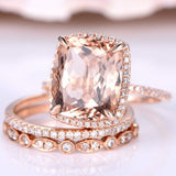 3ct Cushion Cut Peach Morganite Trio Set Engagement Ring 14k Rose Gold Finish