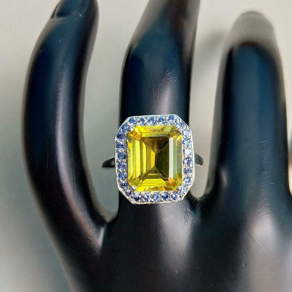 2.7ct Emerald Cut Yellow Citrine Blue Sapphire Halo Ring 14k White Gold Finish