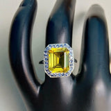 2.7ct Emerald Cut Yellow Citrine Blue Sapphire Halo Ring 14k White Gold Finish