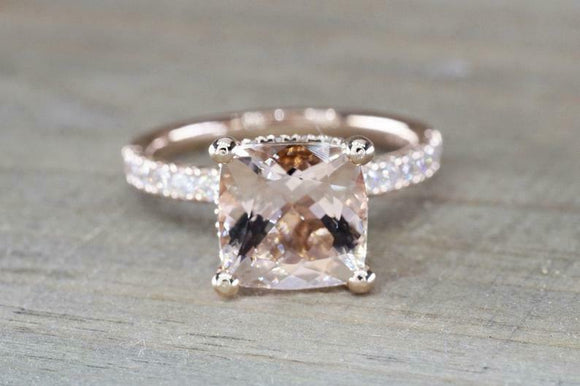 2ct Cushion Cut Peach Morganite Engagement Ring 14k Rose Gold Finish Hidden Halo