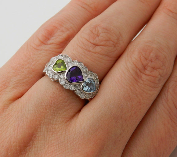 4ct Heart Cut Amethyst Peridot Aquamarine Engagement Ring 14k White Gold Finish