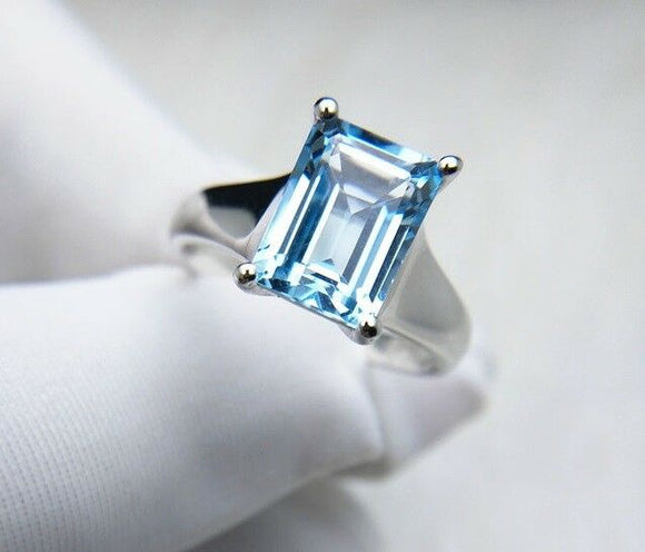 1Ct Emerald Cut Blue Topaz Diamond Solitaire Engagement Ring White Gold Finish