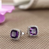 2ct Cushion Cut Purple Amethyst Halo Diamond Stud Earrings 14k White Gold Finish