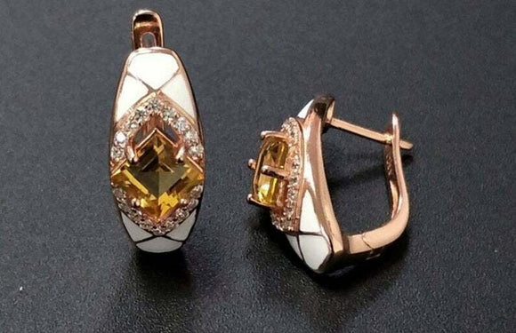 2.3ct Drop Earrings Princess Cut Yellow Citrine Geometric 14k Rose Gold Finish