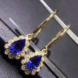 3.4ct Drop Earrings Pear Cut Blue Tanzanite Diamond Halo 14k Yellow Gold Finish