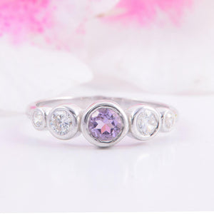 1.5ct Round Cut Purple Amethyst Five Stone Bezel Set Ring 14k White Gold Finish