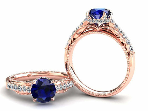 2.5ct Round Blue Sapphire Milgrain Accent Diamond Halo Ring 14k Rose Gold Finish