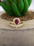 1.5ct Pear Cut Pink Ruby Engagement Ring Curved Halo Tiara 14k YellowGold Finish