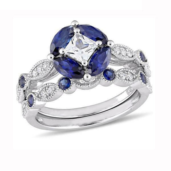 3Ct Princess Cut Diamond Blue Sapphire Vintage Bridal Set 14K White Gold Finish