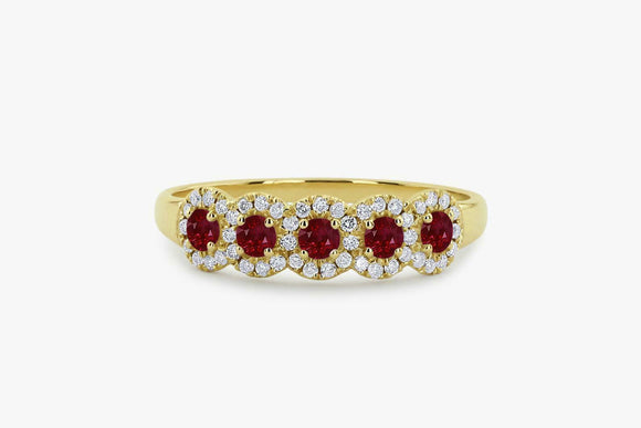 2ct Round Cut Pink Ruby 5 Stone Diamond Halo Wedding Band 14k Yellow Gold Finish