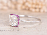 1ct Cushion Cut Diamond Engagement Ring Pink Sapphire Halo 14k White Gold Finish