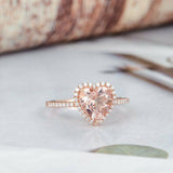 1.5ct Heart Cut Peach Morganite Engagement Ring Diamond Halo 14k RoseGold Finish