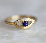 0.7ct Round Cut Blue Sapphire Engagement Ring 14k Yellow Gold Finish Devil Eye