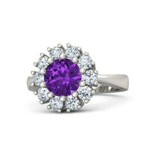 3Ct Round Cut Purple Amethyst Diamond Halo Engagement Ring 14K White Gold Finish