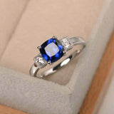 1.3ct Cushion Cut Blue Sapphire Round Accent Trilogy Ring 14k White Gold Finish