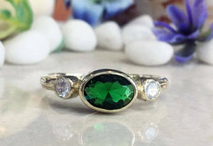 1.3ct Oval Cut Green Emerald Diamond Accent Trilogy Ring 14k Yellow Gold Finish