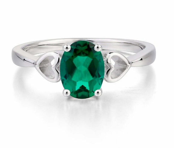 1.5ct Oval Cut Green Emerald Heart Shaped Solitaire Ring 14k White Gold Finish