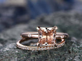 2ct Princess Cut Peach Morganite Engagement Ring 14k Rose Gold Finish Bridal Set