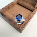 2.3ct Engagement Ring Oval Cut Blue Sapphire Floral Filigree 14k White Gold Over