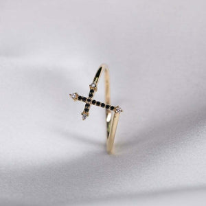 1ct Round Cut Black Diamond Christ Cross Minimalist Ring 14k Yellow Gold Finish