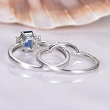 1.6ct Emerald Cut Blue Sapphire Bridal Set Engagement Ring 14k White Gold Finish