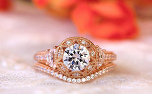 Art Deco Bridal Set Engagement Ring 2ct Round Cut Diamond 14k Rose Gold Finish