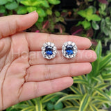 2ct Cushion Cut Simulated Blue Sapphire Halo Stud Earrings 14k White Gold Plated