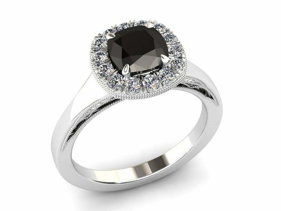 2ct Cushion Cut Black Diamond Engagement Ring Milgrain Halo 14k WhiteGold Finish