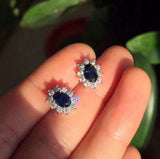 2ct Stud Earrings Oval Cut Blue Sapphire Diamond Floral Halo 14k White Gold Over