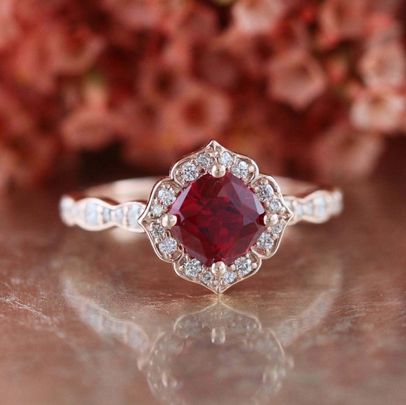 2ct Cushion Cut Pink Ruby Engagement Ring Vintage Floral 14k Rose Gold Finish