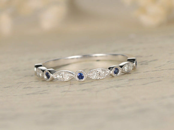 0.8ct Round Cut Blue Sapphire Wedding Band Stackable Women 14k White Gold Finish