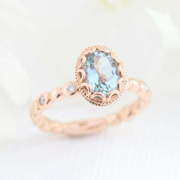 1.5ct Oval Cut Blue Aquamarine Diamond Accents Floral Ring 14k Rose Gold Finish