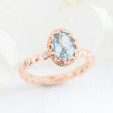 1.5ct Oval Cut Blue Aquamarine Diamond Accents Floral Ring 14k Rose Gold Finish