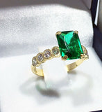 2.1ct Radiant Cut Green Emerald Round Diamond Accent Ring 14k Yellow Gold Finish