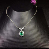 1.6ct Green Emerald Pendant with Chain Oval Cut Diamond Halo 14k White Gold Over