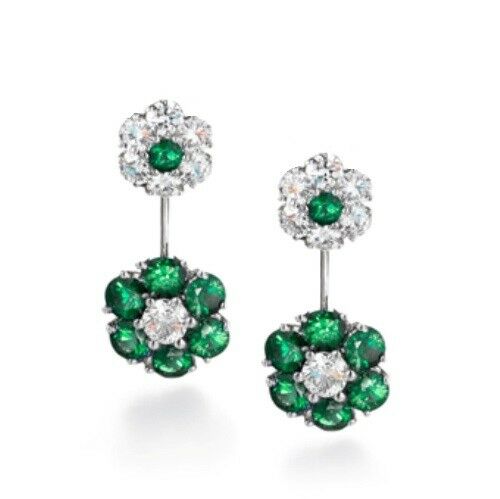 5Ct Round Cut Green Emerald Dual Floral Drop Earrings 14K White Gold Finish