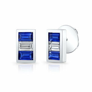 2Ct Baguette Cut Blue Sapphire Diamond 3 Stone Stud Earrings 14K White Gold Over