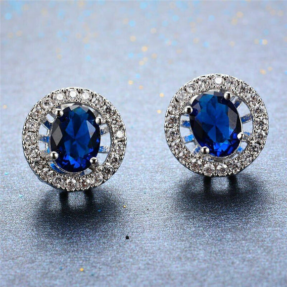 2.1ct Oval Cut Blue Sapphire Halo Solitaire Stud Earrings 14k White Gold Finish